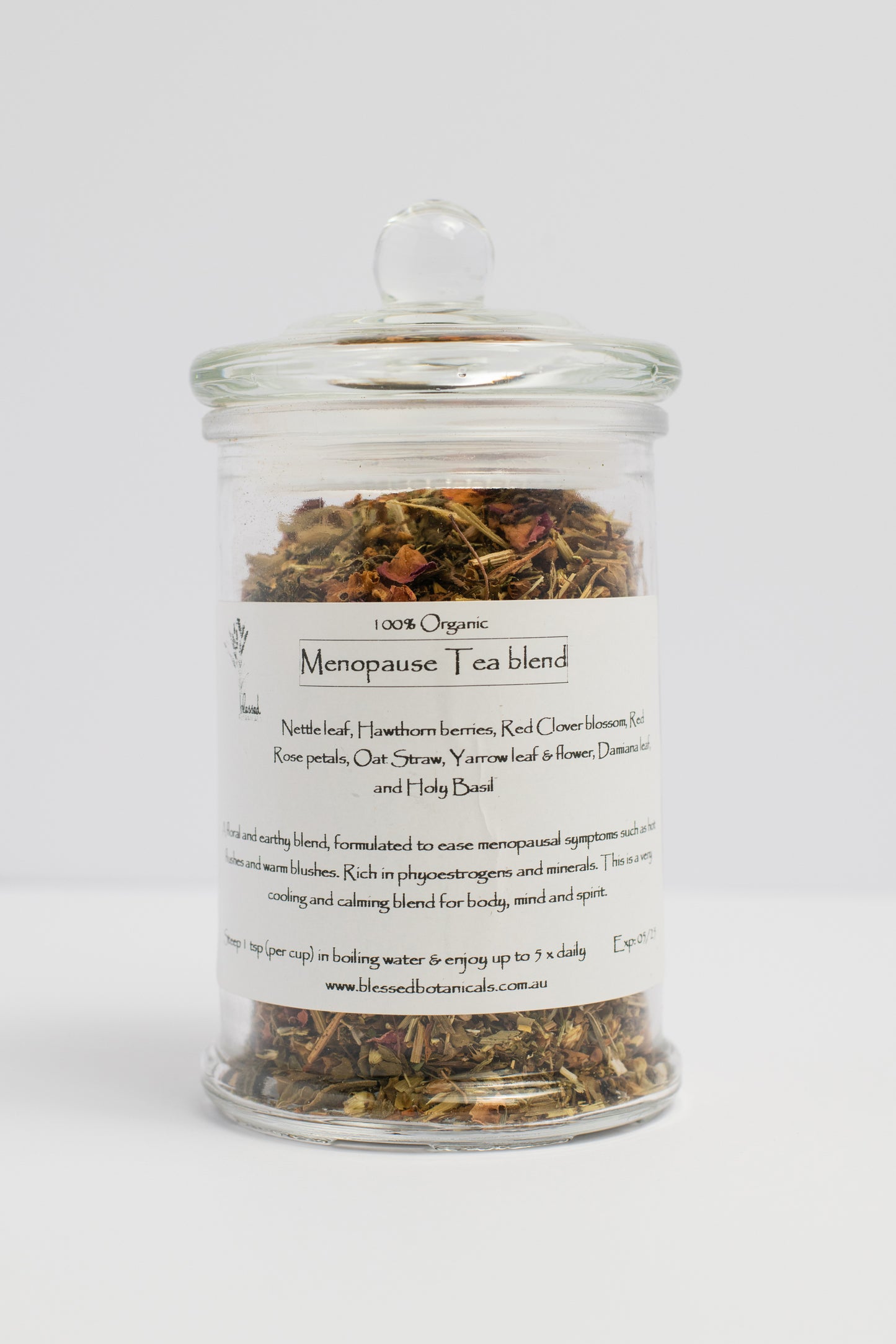 bespoke herbal tea, infusion, tissane, small batch, bespoke, artisan, dried herbs, herbal medicine, made to order, tailor made, organic, calm, sleep, insomnia, nervous system support. loose leaf tea. menopausal support. oestrogen decline. Nettle leaf, Hawthorn leaf, flower & berries, Red Clover, Red Rose petals, Yarrow, Damiana, Holy Basil. Phytoestrogens. Hormone modulation. Hormonal support. Change of life. Menopausal symptoms. hot flashes, anxiety, depression, mood swings.