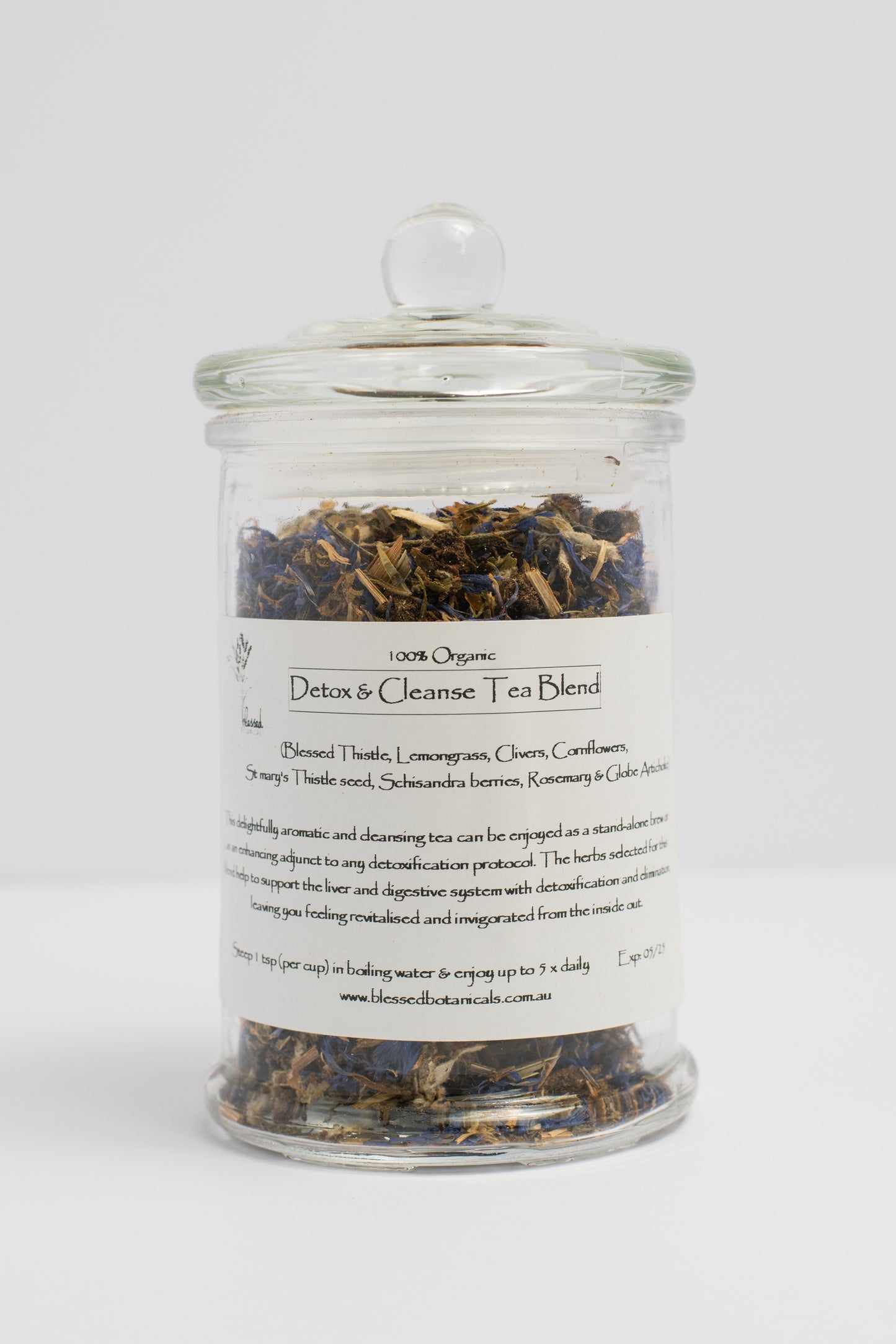 bespoke herbal tea, infusion, tissane, small batch, bespoke, artisan, dried herbs, herbal medicine, made to order, tailor made, organic tea blend, detox and cleanse, blood cleansing, alterative, liver support, detoxification, kidney health, digest, digestion, nervous system support. Blessed Thistle, Rosemary, Globe Artichoke leaf, Schisandra berries, Milk Thistle seed, Clivers, Cornflowers, Lemongrass. Invigorating, Revitalised. Apothecary glass jar.