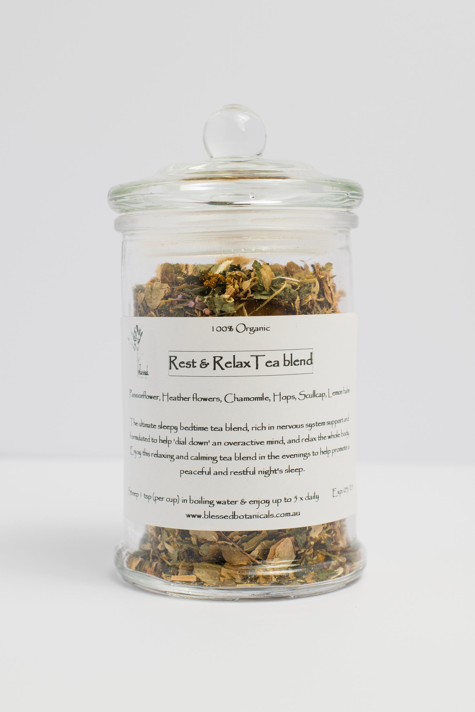 bespoke herbal tea, infusion, tissane, small batch, bespoke, artisan, dried herbs, herbal medicine, made to order, tailor made, organic, calm, loose leaf tea. Passionflower, Heather flowers, Chamomile, Hops, Scullcap, Lemon Balm. Rest, relax, sleep, insomnia, calming, relaxation, sleepy tea, bedtime tea, calm the mind.
