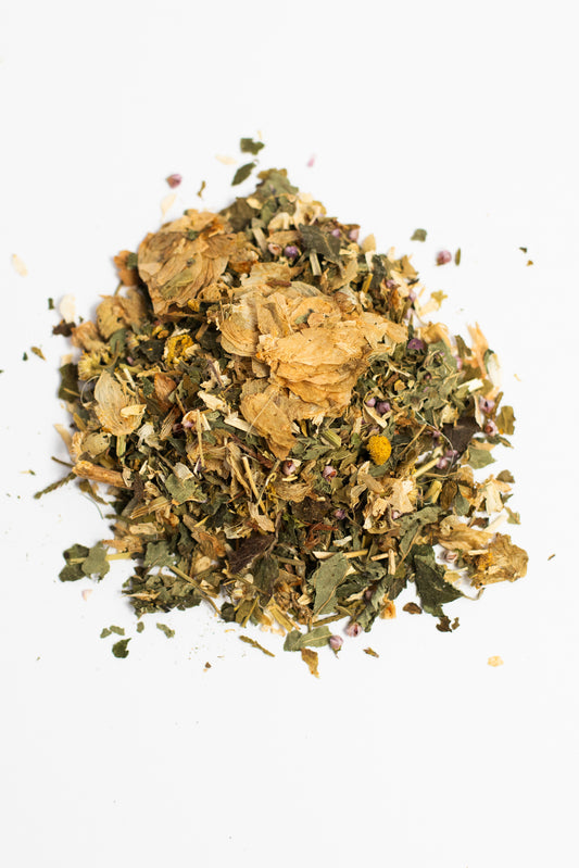 bespoke herbal tea, infusion, tissane, small batch, bespoke, artisan, dried herbs, herbal medicine, made to order, tailor made, organic, calm, loose leaf tea. Passionflower, Heather flowers, Chamomile, Hops, Scullcap, Lemon Balm. Rest, relax, sleep, insomnia, calming, relaxation, sleepy tea, bedtime tea, calm the mind.