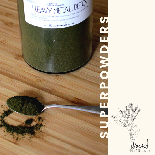 100% organic powders Ingredients, St Mary’s Thistle, Spirulina, Chlorella, Coriander, Turmeric. break down and eliminate  heavy metals, liver support, liver cleanse, heavy metal detoxification congestion, Hawaiian spirulina, qualified herbalist, fiona gray herbalist, professionally formulated, blessed botanicals apothecary, holistic healthcare.