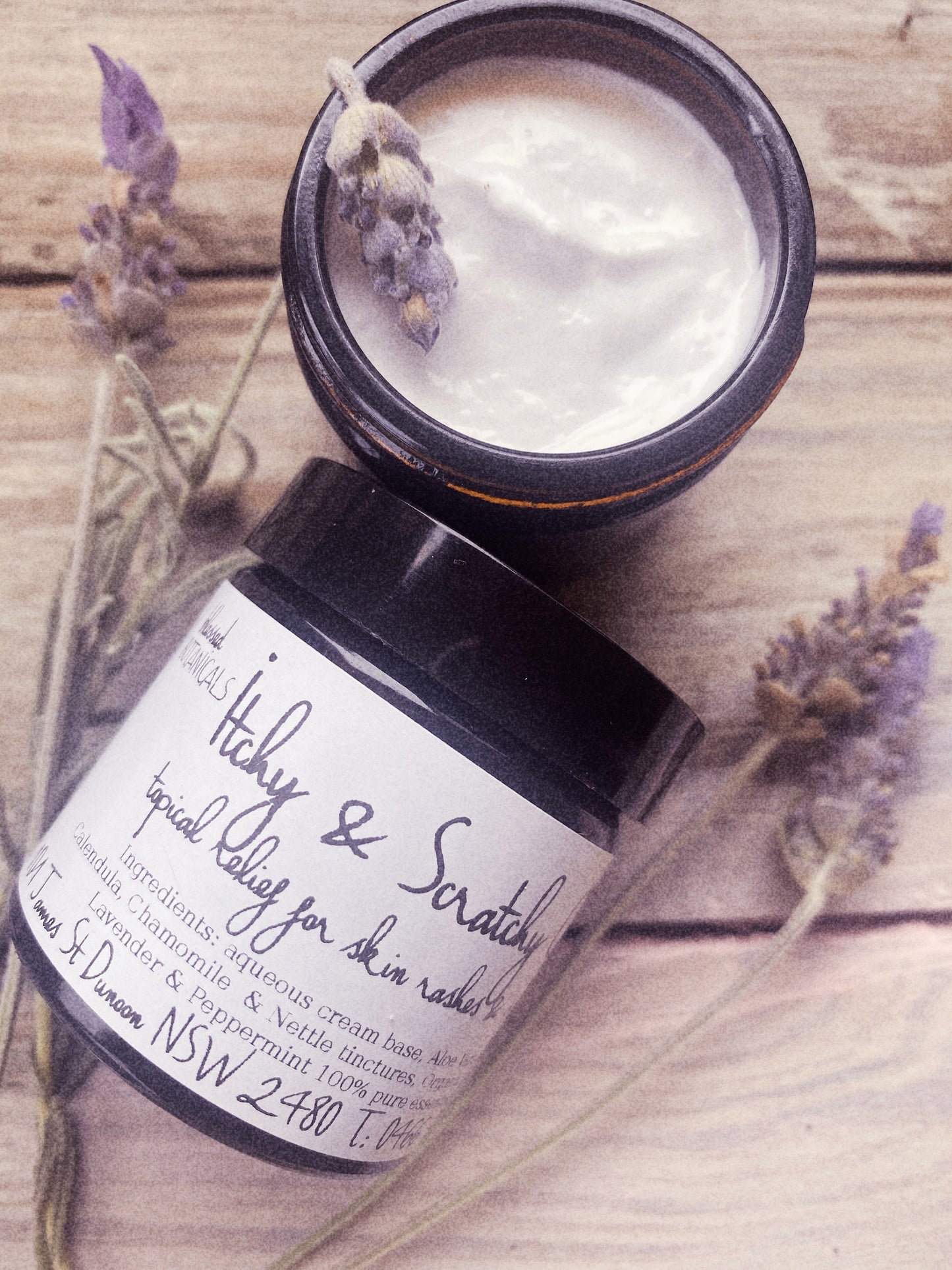 Itchy scratchy topical cream, soothing blend of herbs flowers oils, calming eczema, bites, rashes, skin irritations, Aloe Vera gel, Calendula, Nettle Leaf herbal tinctures, Organic Rosehip oil, chamomile, 100% Pure Essential Oils, Peppermint essential oil, Lavender essential oil, Australian Bush Flower essences, Ausflowers, topical anti-itch cream, hand made with love, hand crafted, artisan, artisinal, qualified herbalist, fiona gray herbalist, blessed botanicals apothecary.