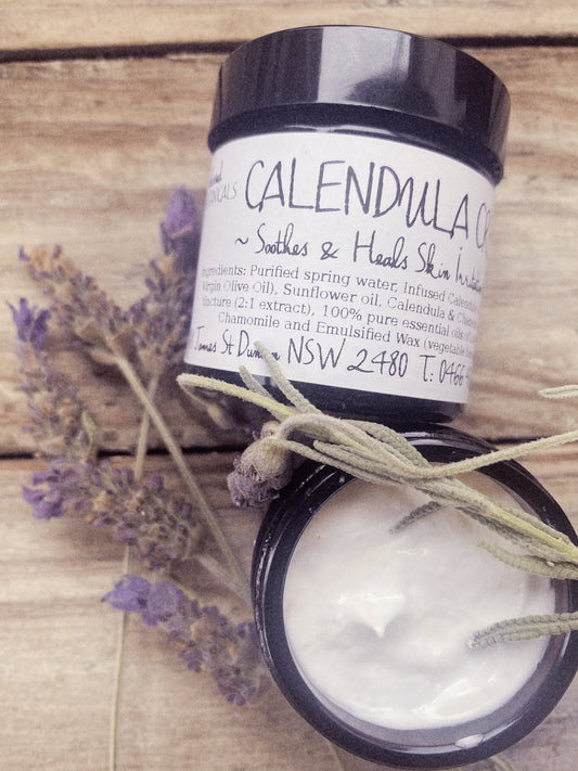 Organic Calendula oil, hand-made with love, artisinal, apothecary, bespoke, artisan, Ausflower essences, extra virgin olive oil, 100% pure essential oils, herbal remedy, topical creams and balms, skin food, soothing, healing, chamomile, natural preservatives, anti-fungal, anti-septic, anti-bacterial, baby's bum, nappy rash, eczema, skin conditions, skin rash, emollient cream, cracked skin, scratches, cuts, burn cream, wound heal, lavender cream, chamomile oil.