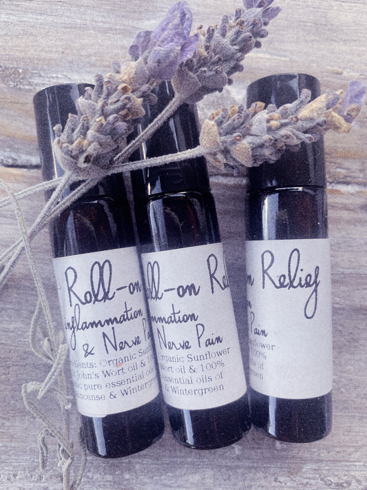 nerve pain inflammation relief, St John’s Wort oil, infused extra vrgin olive oil, 100% Pure Essential oils, Frankincense essential oil,  Wintergreen essential oil, Australian Bush Flower essences, Ausflowers, qualified herbalist, fiona gray herbalist, blessed botanicals apothecary, wildcrafted herbs, hypericum perforatum, hand crafted, hand made with love, artisan, artisinal, herbal medicine, topical oil, muscle pain, joint pain, tendon and ligament injury, roll on relief.