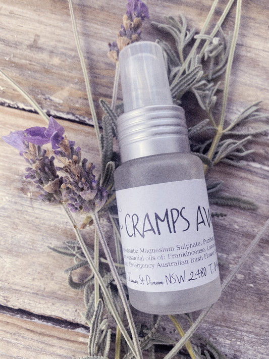 magnesium spray, cramps, muscle cramp, pain relief, restless leg syndrome, twitchy legs, magnesium sulphate, 100% pure essential oils, frankincense oil, lavender essential oil, amyris oil, clary sage essential oil, Ausflower essences, PMS, PMT, pre-menstrual tension syndrome, menstrual cramps, period cramps, apothecary, hand made with love, artisan, artisinal, qualified herbalist, aromatherapy.