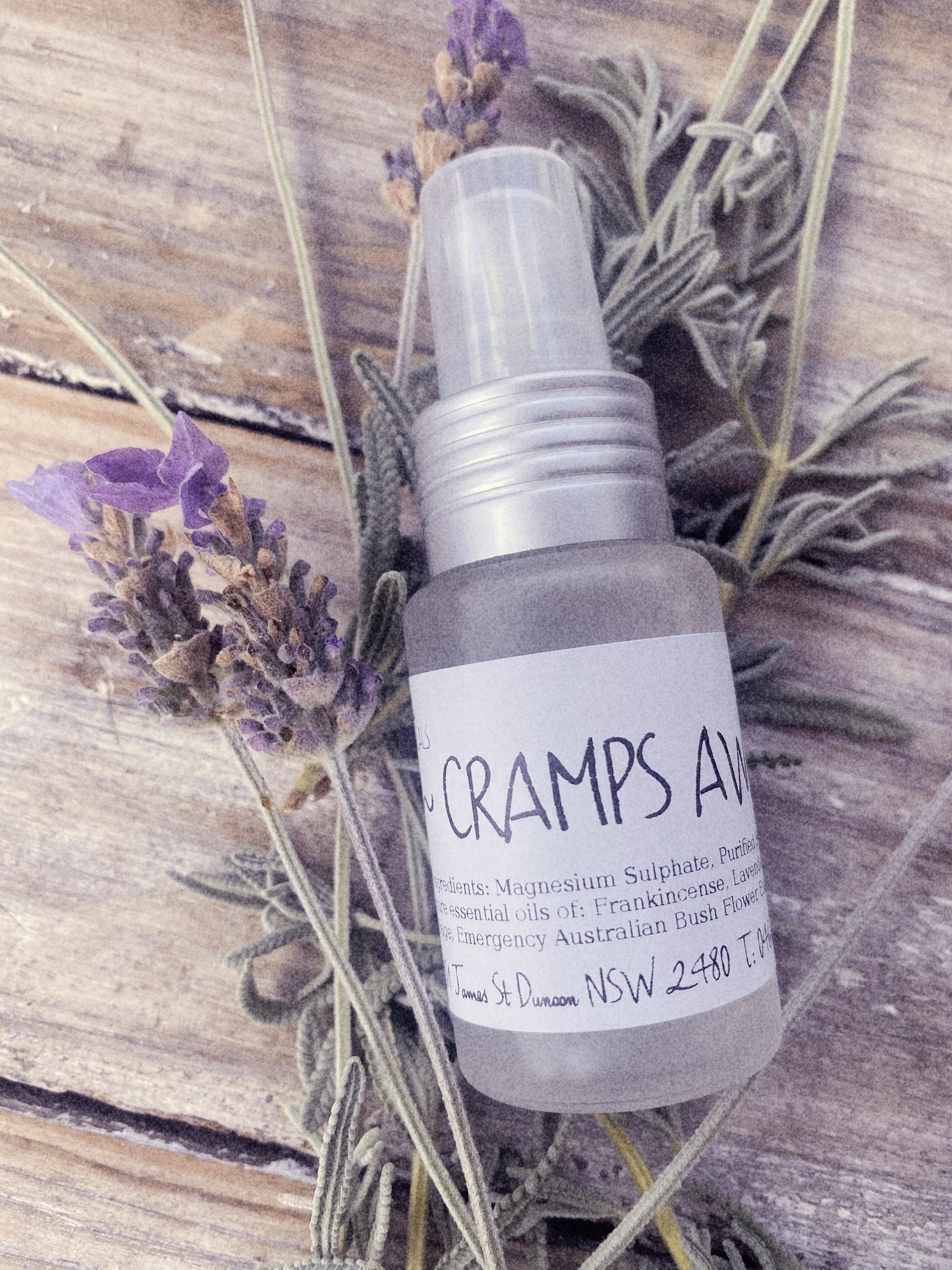 magnesium spray, cramps, muscle cramp, pain relief, restless leg syndrome, twitchy legs, magnesium sulphate, 100% pure essential oils, frankincense oil, lavender essential oil, amyris oil, clary sage essential oil, Ausflower essences, PMS, PMT, pre-menstrual tension syndrome, menstrual cramps, period cramps, apothecary, hand made with love, artisan, artisinal, qualified herbalist, aromatherapy.